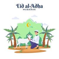 feliz muçulmano família comemora eid al adha Mubarak com uma cabra. plano vetor modelo ilustração