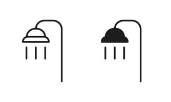 chuveiro silhueta e linha ícone definir. banho placa Preto pictograma. água banho, símbolo coleção do banheiro. isolado vetor ilustração.