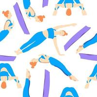 Treinamento dentro ioga pose do rad cabelo europeu menina dentro azul fato de treino em uma roxa esteira. pilates, esporte, saúde. fêmea, senhora, mulher. vetor ilustração dentro desenho animado plano estilo isolado em branco fundo.