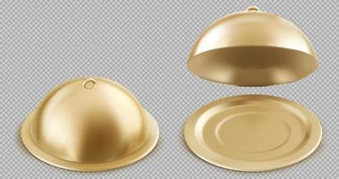 realista aberto e fechadas dourado cloche Comida bandejas vetor