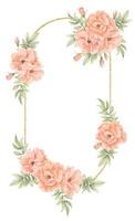 floral vertical quadro, Armação com Rosa rosas flores e verde folhas. mão desenhado aguarela ilustração com dourado textura para cumprimento cartões ou Casamento convites. colorida modelo para cartões postais vetor
