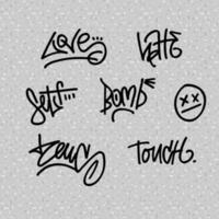 marcador grafite grunge estilo tag letras definir. inscrições, palavras - amor, odiar, auto, tocar, bombear. na moda ano 2000 vetor isolado ilustração em cinzento fundo.