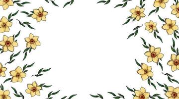 floral bandeira modelo, anúncio, rede projeto, folheto, cartão postal com narcisos e folhas dentro uma círculo em uma branco fundo. mão desenhado vetor