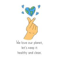 feliz terra dia cumprimento cartão vetor ilustração texto sobre Salve  a planeta limpar \ limpo e saudável amor gesto com coração em forma terra planeta