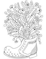 mão desenhado coloração página para crianças e adultos. ramalhete do flores dentro uma bota. lindo desenhando com padrões e pequeno detalhes. coloração livro fotos. vetor