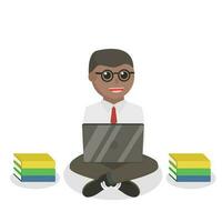 nerd africano escritório usar computador portátil Projeto personagem em branco fundo vetor