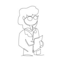 contínuo 1 linha desenhando do uma mulher médico dentro óculos segurando uma prancheta. vetor ilustração