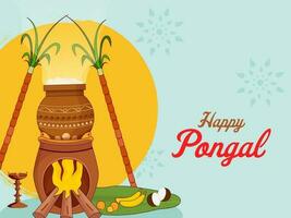 feliz pongal celebração poster Projeto com festival elementos em laranja e luz turquesa fundo. vetor