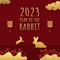 dourado 2023 ano do a Coelho Fonte com silhueta coelhos, lanternas pendurar, folhas e nuvens decorado em Sombrio vermelho fundo. vetor