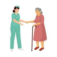 enfermeira ajudando velho mulher em uma andador contra branco fundo. vetor