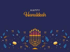 feliz hanukkah cumprimento cartão com iluminado candelabro, folhas, bagas, estrelas do david e geléia rosquinha decorado azul fundo. vetor