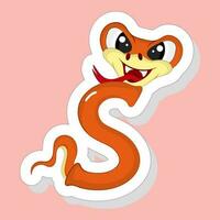 adesivo estilo laranja s alfabeto animal desenho animado serpente em Rosa fundo. vetor