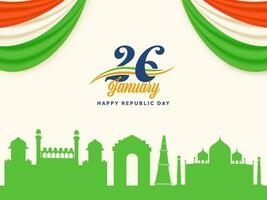 Dia 26 janeiro, república dia conceito com verde silhueta Índia famoso monumento e tricolor cortina fronteira ou canto em branco fundo. vetor