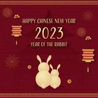 2023 chinês Novo ano poster Projeto com traseiro Visão do fofa coelhos, papel lanternas aguentar em vermelho tradicional padronizar céu têmpora fundo. vetor