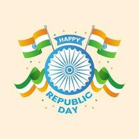 feliz república dia texto com bandeiras e ashoka roda sobre pêssego fundo para indiano nacional festival celebração conceito. vetor