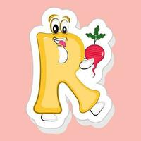 adesivo estilo amarelo r alfabeto desenho animado personagem segurando rabanete em Rosa fundo. vetor