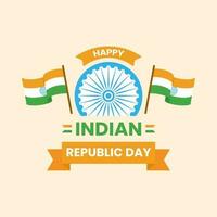 feliz indiano república dia Fonte texto com ashoka roda e bandeiras contra pêssego fundo para Índia nacional festival celebração conceito. vetor