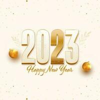 2023 feliz Novo ano Fonte com 3d dourado enfeites em bege fundo. vetor