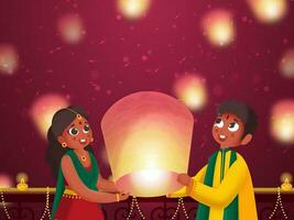 indiano crianças segurando iluminado céu lanterna às sacada em Sombrio Rosa fundo. vetor