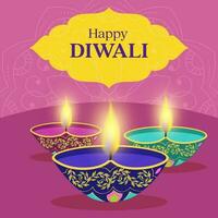 feliz diwali celebração poster Projeto com aceso óleo lâmpadas em amarelo e Rosa mandala padronizar fundo. vetor