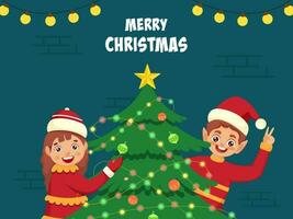 alegre Natal celebração poster Projeto com alegre menina e duende Garoto apresentando decorativo natal árvore em cerceta azul tijolo parede fundo. vetor
