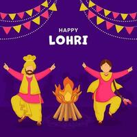 feliz Lohri celebração conceito com desenho animado punjabi casal realizando bhangra dança, fogueira ilustração e estamenha bandeiras decorado em roxa fundo. vetor