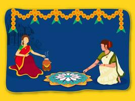 pongal celebração fundo com sem rosto sul indiano mulheres cozinhando e fazer rangoli. vetor
