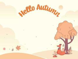 Olá outono poster Projeto com desenho animado Raposa sentado debaixo árvore, folhas em branco e pêssego fundo. vetor