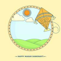 feliz Makar Sankranti cumprimento cartão com pipa, Sol Deus em pastel azul e amarelo fundo. vetor