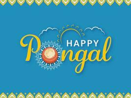 feliz pongal letras com topo Visão do Pongali arroz dentro argila Panela e Sol em azul fundo. vetor