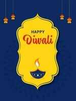 feliz diwali celebração cumprimento cartão com queimando óleo lâmpada, suspensão lâmpadas em amarelo e azul mandala padronizar fundo. vetor