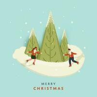 alegre Natal celebração conceito, skatista jovem menina e Garoto anda em por aí a natal árvores com neve queda em azul fundo. vetor