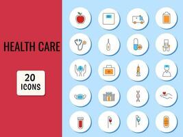 conjunto do cuidados de saúde 20 ícones contra céu azul e vermelho círculo fundo. vetor