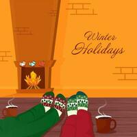 inverno feriados celebração conceito com fechar acima do humano pernas dentro de lã roupas, lareira em laranja e Borgonha de madeira textura fundo. vetor