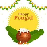 feliz pongal celebração conceito com lama Panela cheio do Pongali arroz, aceso óleo lâmpada, banana folhas, floral festão em amarelo e branco fundo. vetor