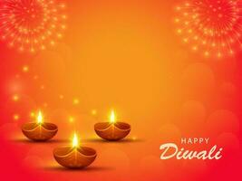feliz diwali celebração conceito com iluminado óleo lâmpadas em laranja fogos de artifício fundo. vetor