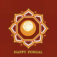 feliz pongal celebração cumprimento cartão com topo Visão do Pongali arroz dentro argila Panela sobre Kolam em vermelho fundo. vetor