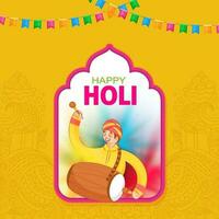 feliz holi celebração conceito com indiano homem jogando dhol e estamenha bandeiras em cromada amarelo paisley padronizar fundo. vetor