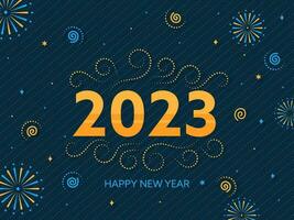 laranja 2023 número com fogos de artifício contra azul pontilhado linha padronizar fundo para feliz Novo ano conceito. vetor
