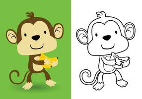 vetor desenho animado do engraçado macaco carregando banana, coloração livro ou página para crianças