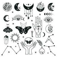 místico lua conjunto ícones fases e mulher mãos e mariposa, alquimia esotérico Magia espaço, vetor Preto isolado em branco fundo