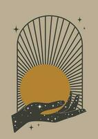 Magia mão segurando Sol feitiçaria poster ilustração. vintage místico estilo para tarot cartão. astrologia, celestial boho Projeto. Sol com estrelas vetor