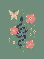 étnico misterioso serpente com flores e borboleta. boho Magia animais selvagens. vintage sagrado inseto. poster, folheto, cartão. vetor