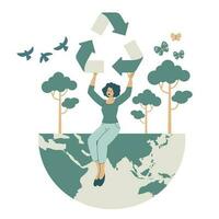 mulher segurando reciclar ícone em globo, natureza conservação conceito, de Meio Ambiente proteção. vetor Projeto ilustração.
