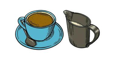 café copo e desnatadeira gravado definir. copo do americano com adicional leite. vetor ilustração