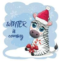 cumprimento cartão com fofa zebra dentro santa chapéu com Natal bola, doce Kane, presente. animais selvagens feriados desenho animado personagem. vetor
