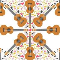 ukulele desatado padrão, ukulele. padronizar com monstro, folhas, flores, notas, inscrições vetor