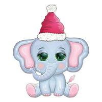 fofa desenho animado elefante, infantil personagem com lindo olhos vestindo santa chapéu, lenço, segurando presente, Natal bola vetor