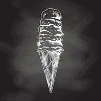 desenhado à mão esboço do uma waffle cone com congeladas iogurte ou suave gelo creme isolado em quadro-negro fundo, branco desenho. vetor vintage gravado ilustração