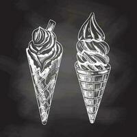 desenhado à mão esboço do uma waffle cones com congeladas iogurte ou suave gelo creme isolado em quadro-negro fundo, branco desenho. vetor vintage gravado ilustração